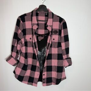 Harley Davidson Plaid Flannel Shirt Pink Black Eagle Graphic Size L